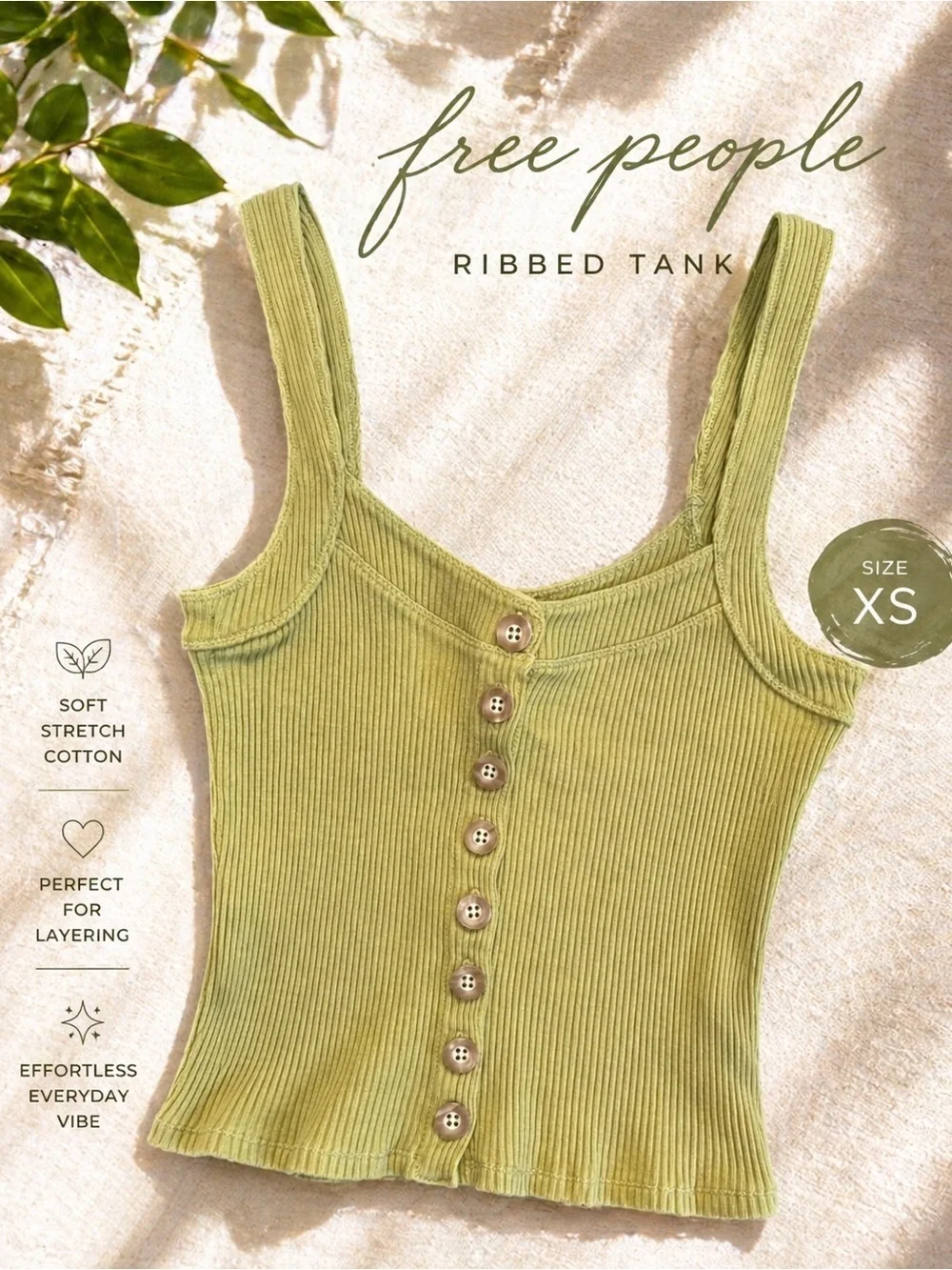 Free People Ribbed Button Front Tank Top Green XS Stretch Cotton
